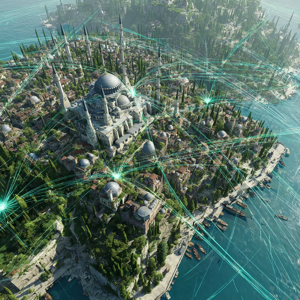 A virtual overhead view of a foreign country showing touchpoint for network devices.
