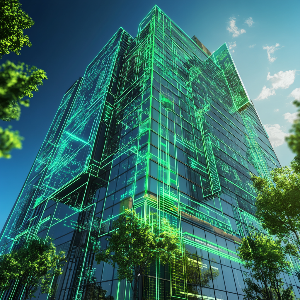 A cyber-esque, digital image of a building with future plans laid out on the outside of the structure.