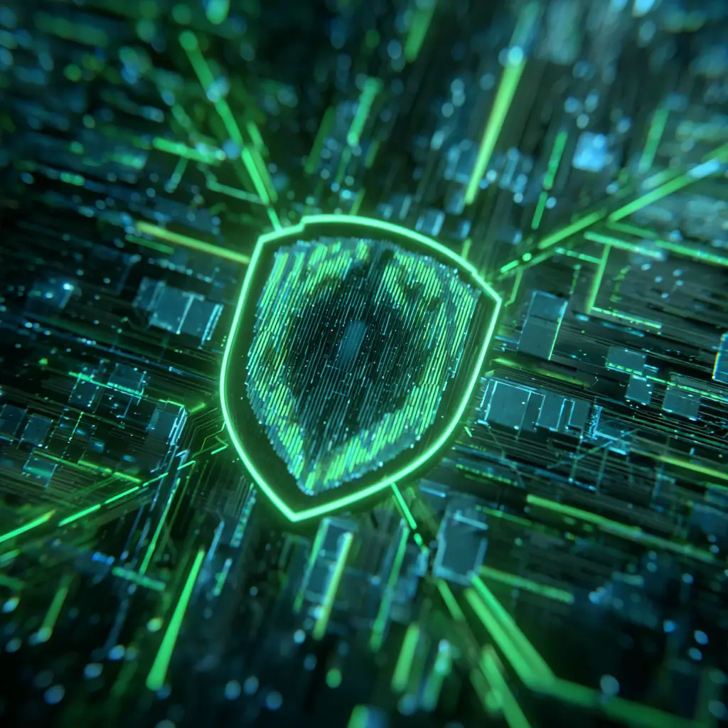 A cybersecurity shield on motherboard in neon greens and blues.