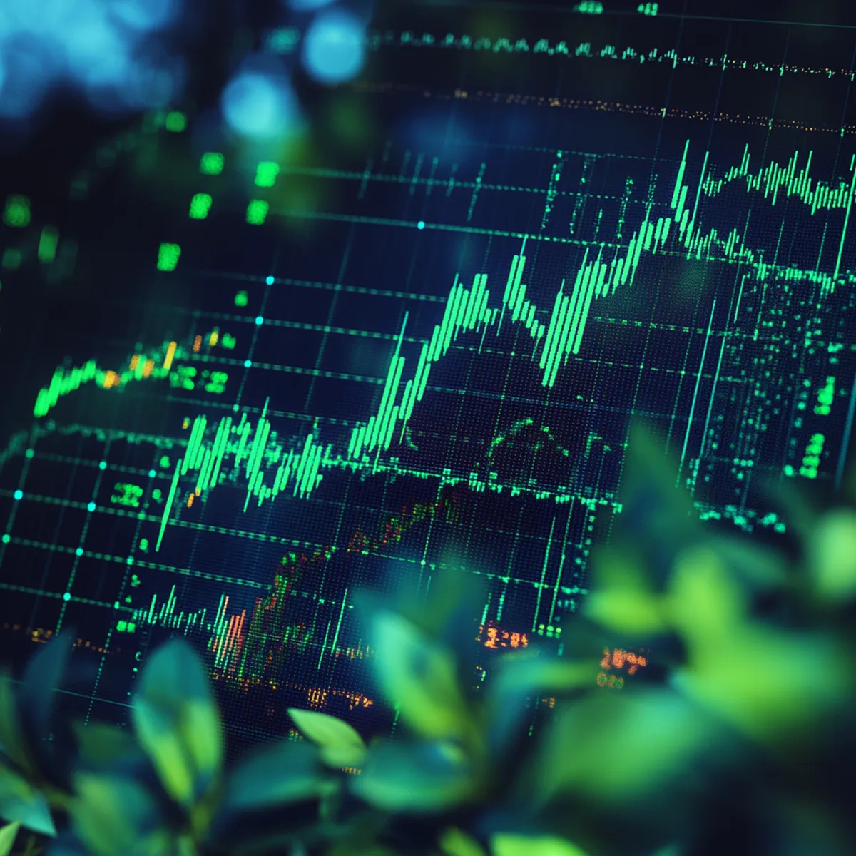 stocks2 A cybersecurity image with graphs and flows in neon green.