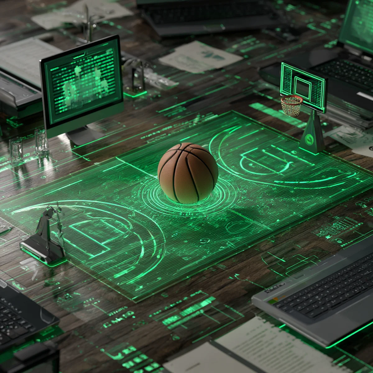A cyber and digital based image of a digital basketball court on top of a desk with virtual images and a basketball sitting in the middle of the court.