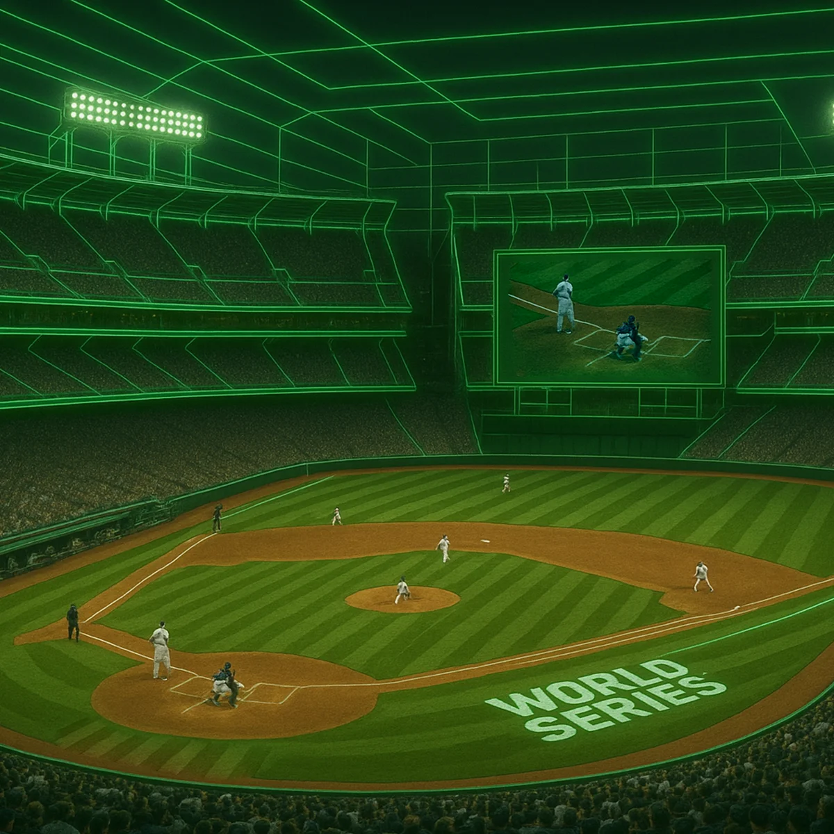 A baseball stadium in a virtual environment with the World Series logo on the field and Aaron Judge batting at the plate.