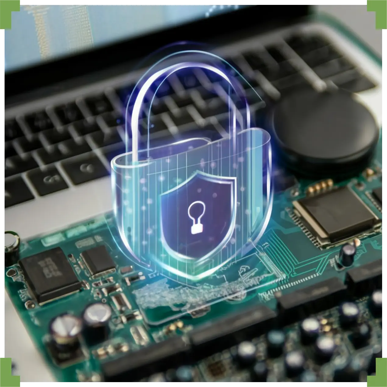 A virtual security padlock hovering over a MacBrook Desktop