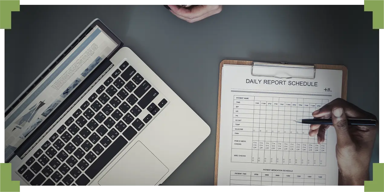 A cybersecurity expert reviewing a daily schedule task sheet.